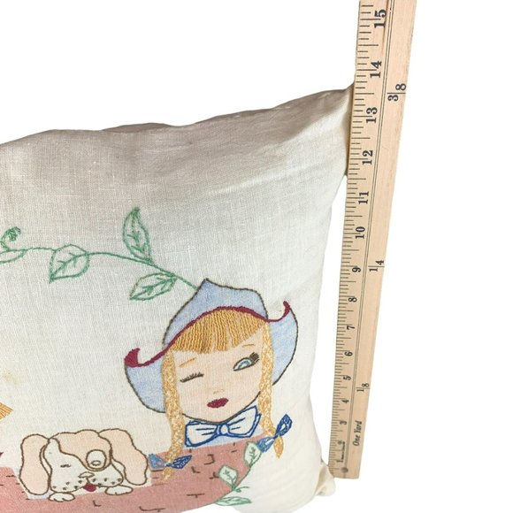 Vtg Hand Embroidered Pillow Children Dog Eating Watermelon Summer Whimsical 14" - Picture 12 of 12